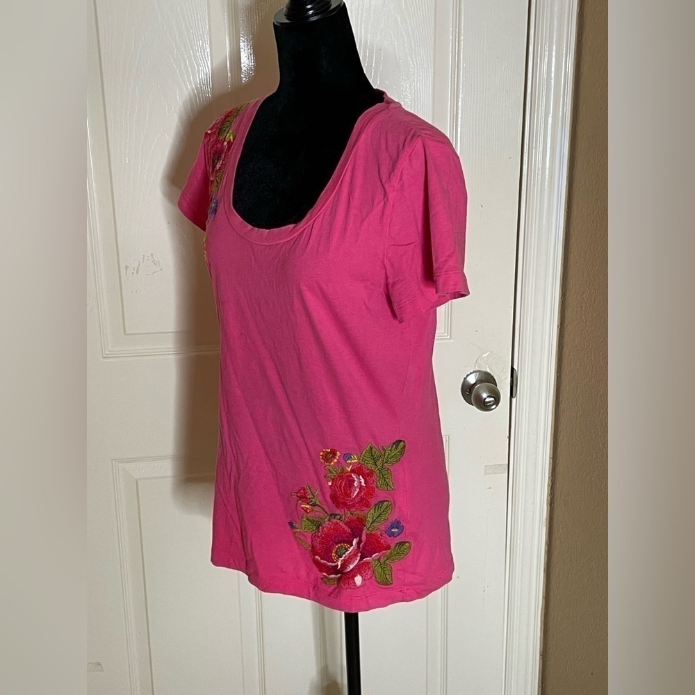 Johnny Was Floral Embroidered Cotton Jersey T-Shirt Large​​​​​​​​​​​​​